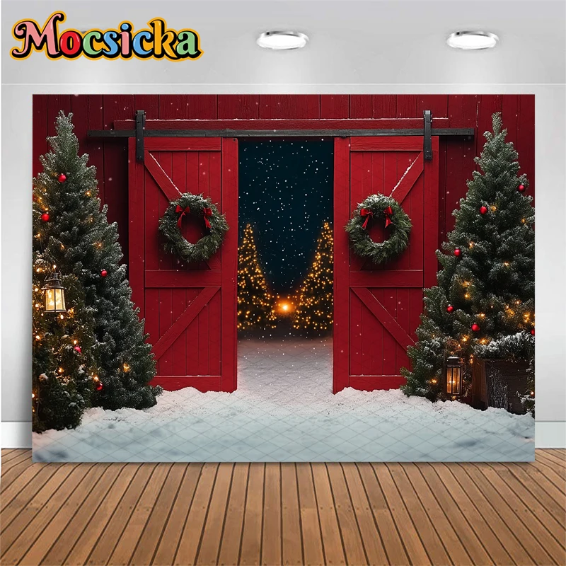Mocsicka Christmas Tree Background Photography Red Door Snow Wreath Gifts Kid Photo Backdrop Shooting Props Outdoor Decor Studio