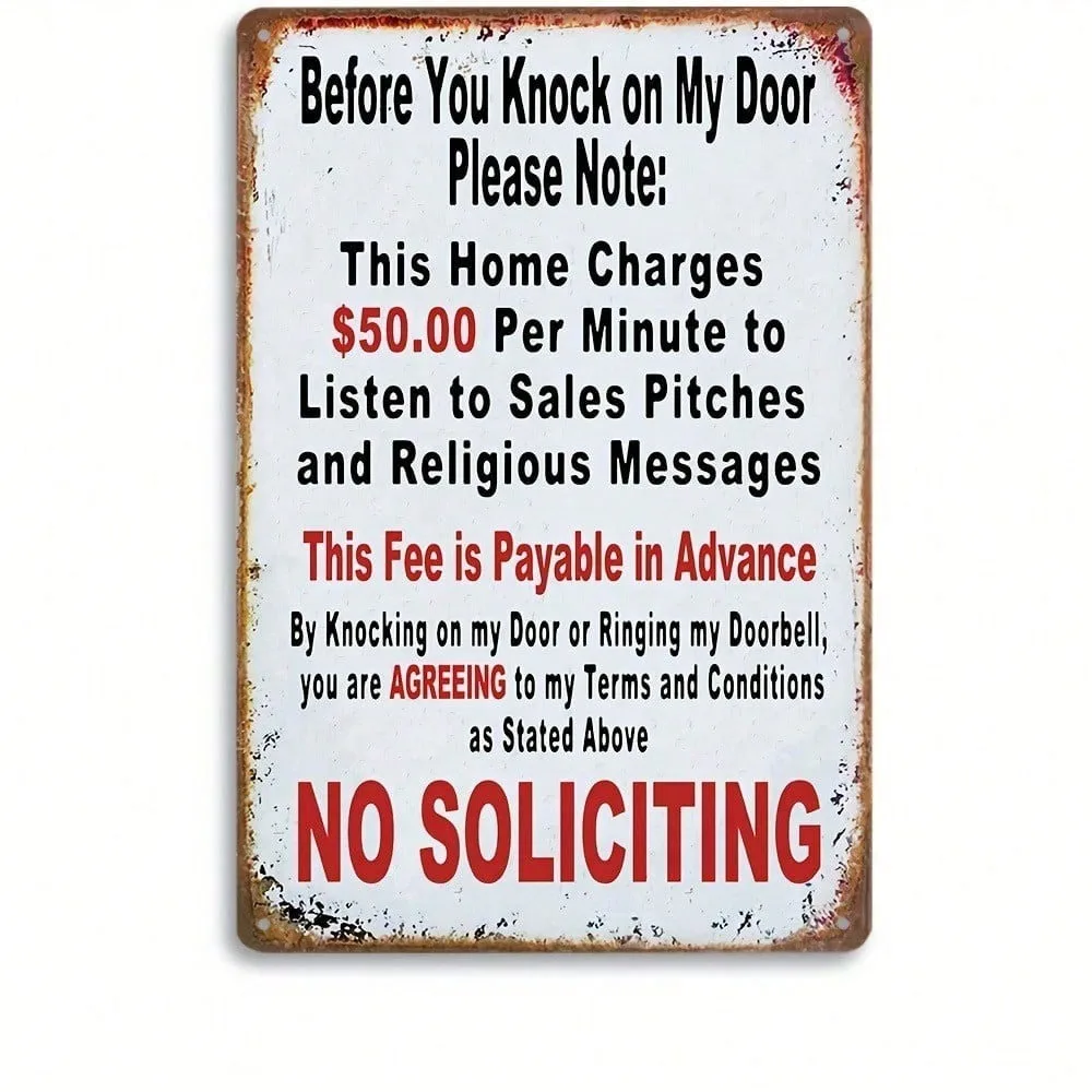 Vintage Humorous No Soliciting Metal Sign, 12x8 Inch Funny Aluminum Wall Art for Home Office Indoor Outdoor
