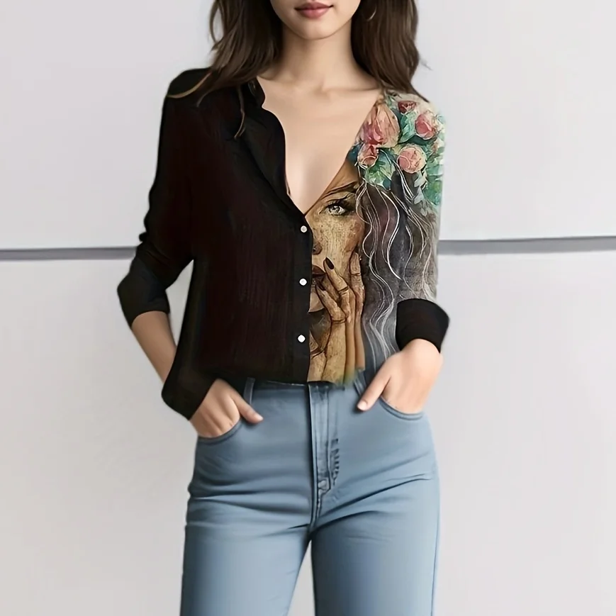 Spring And Summer Europe And The United States New StyleColor Burst Style Casual Lapel Print Fashion Shirt Blouse Trend