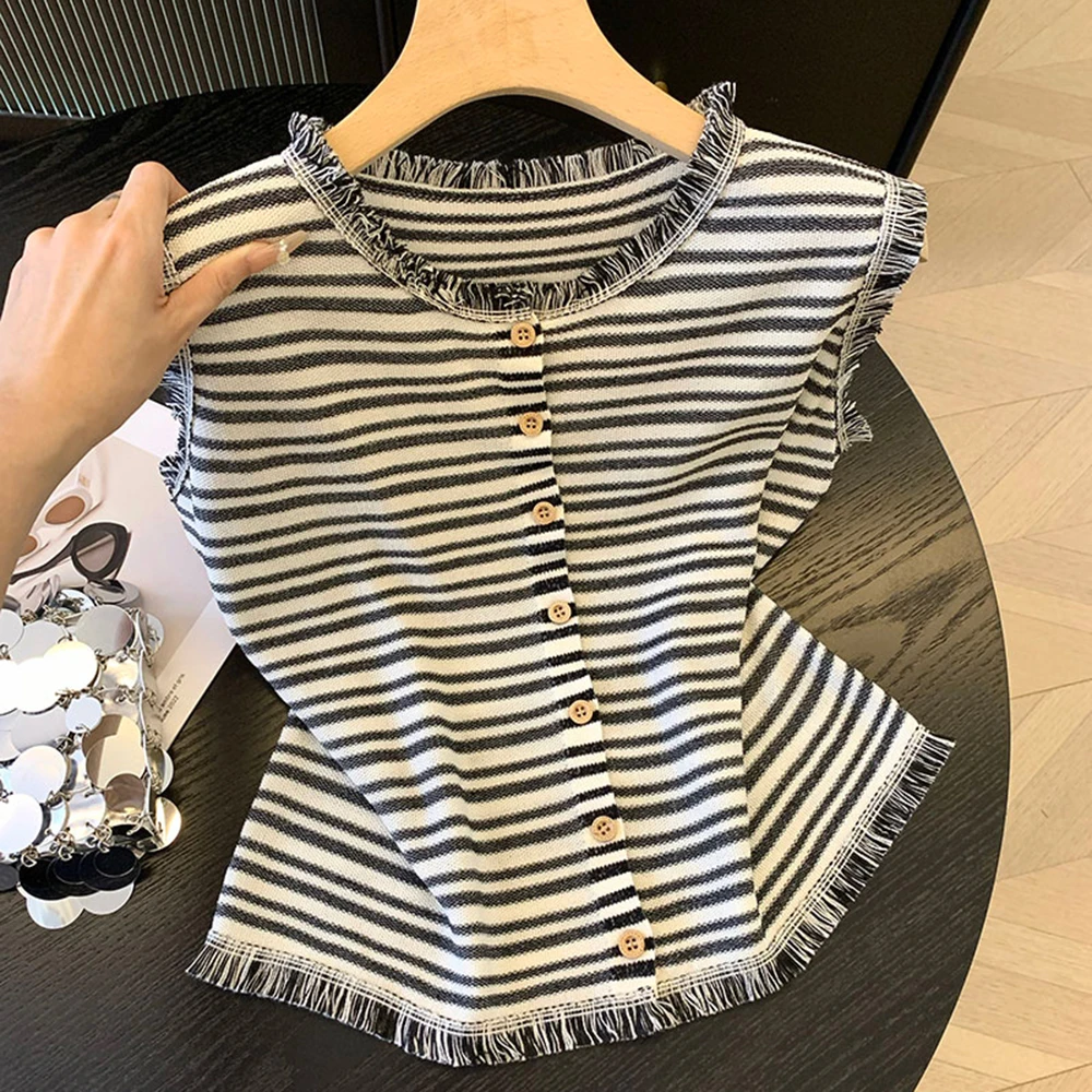 

Striped Round Neck Knitted Sweater Cardigan Women's Tassel Sleeveless Vest Tops Single Breasted Versatile Fashion Jacket