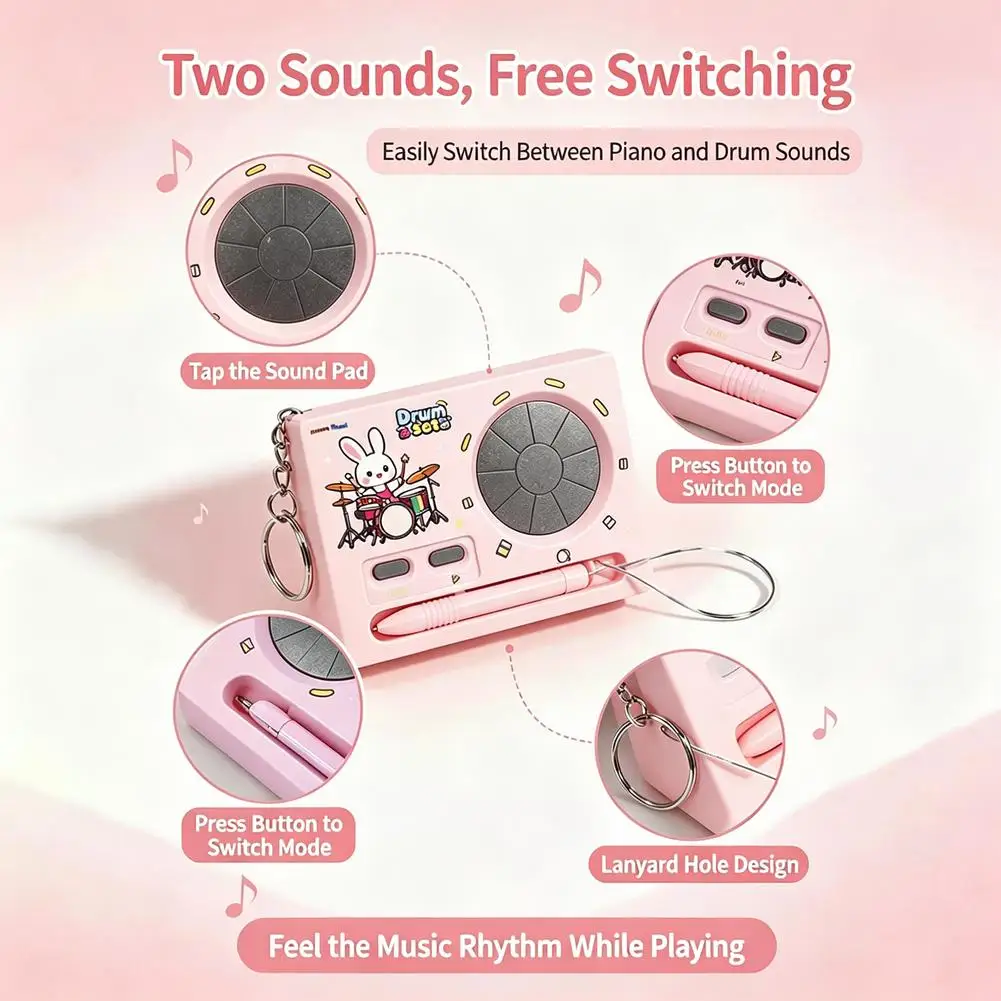 Mini Keychain Piano and Drum Toy for Toddlers Portable Electronic Music Instrument with Touch Pen Dual Modes and Metal Ring