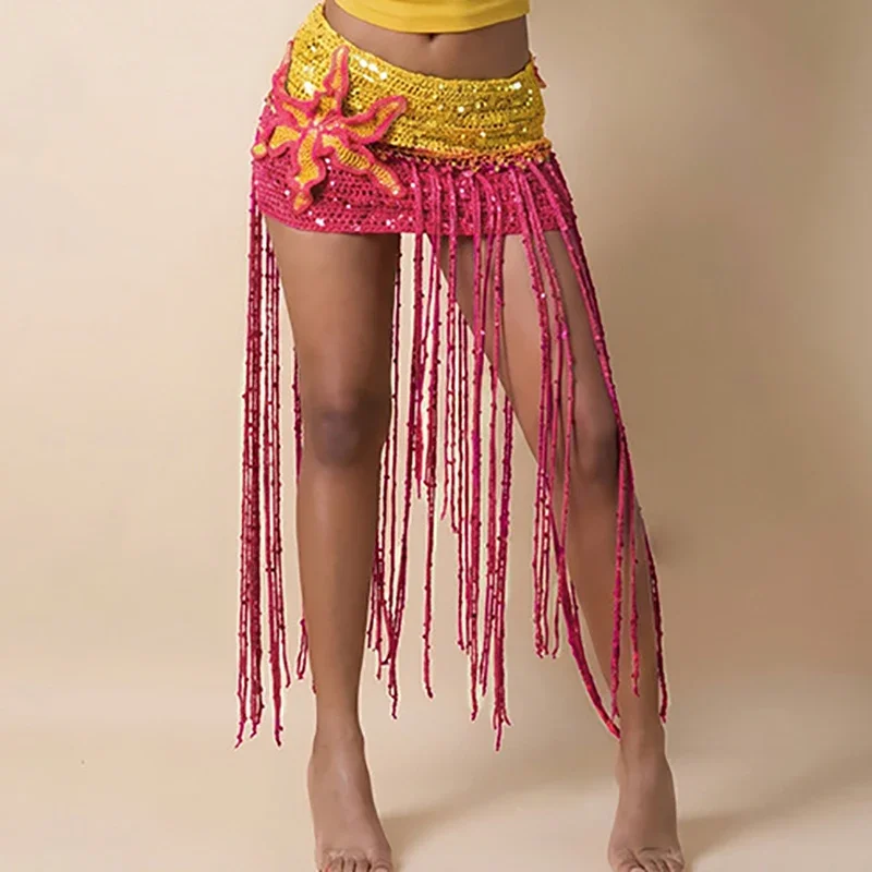 Festival Party Clubwear Skirt Women Sequin Fringe Mini Skirt Retro Waistband Embroidered Palm Tree Long Tassel Hem Bodycon Skirt