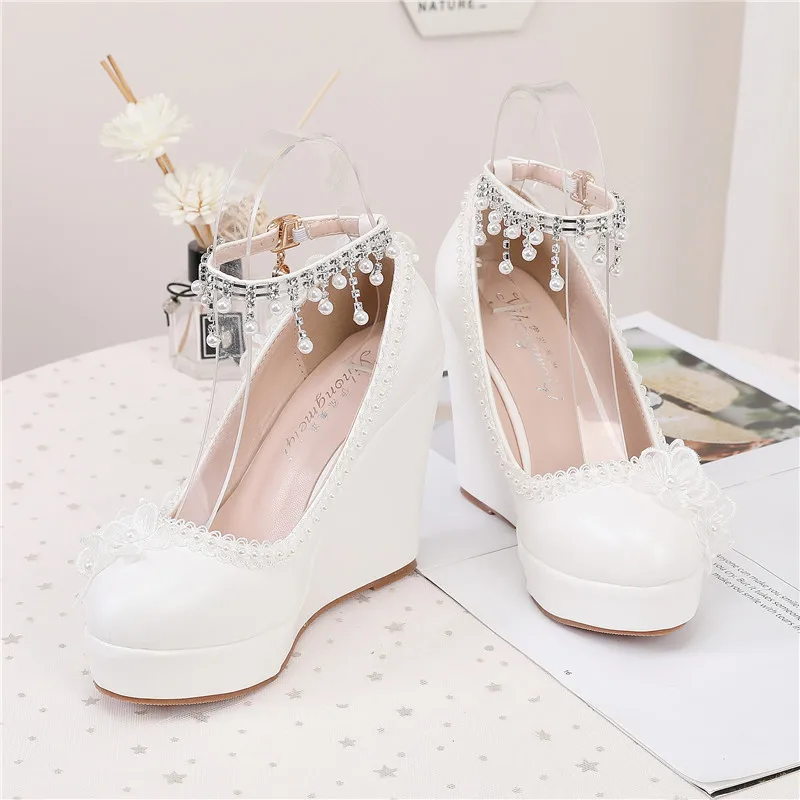 Sweet White Flower Pearl Tassel Wristband Womens Wedding Shoes High Heels Platform Ladies Party Dress Wedges Bridesmaid Pumps