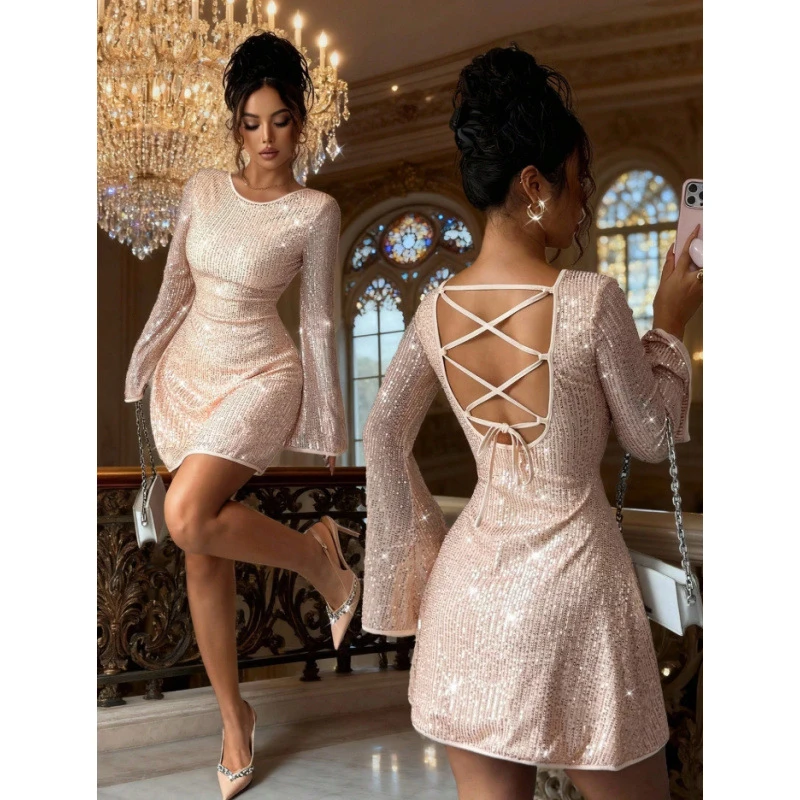 

Sequin Slim-Fit Dress Women With Bell Sleeves, Tie-Up Backless Short Dress, Elegant Cocktail Party Gown