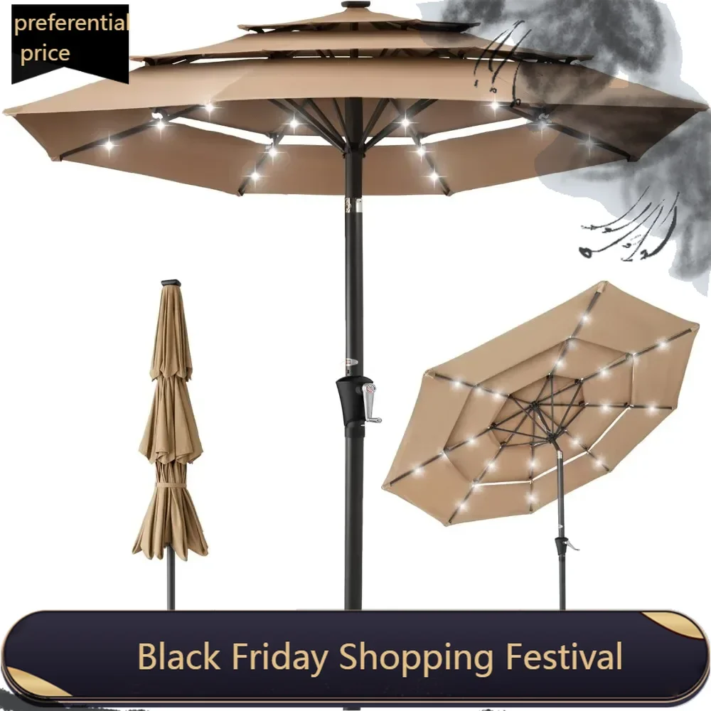 

10ft 3-Tier Solar Patio Umbrella, Outdoor Market Sun Shade for Backyard, Deck, Poolside w/ 24 LED Lights,Easy Crank,8 Ribs - Tan