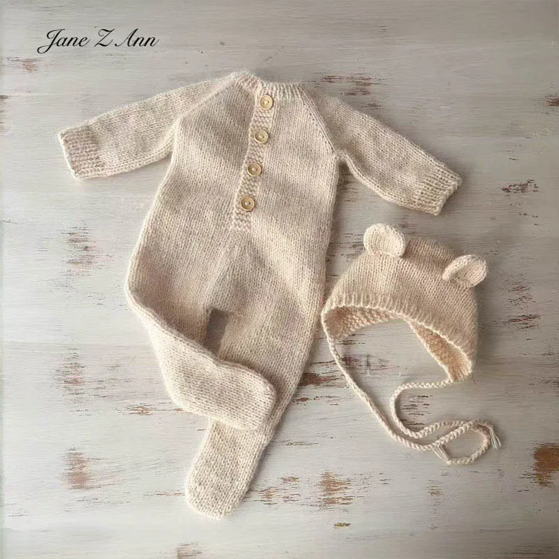 

Newborn photography props bear outfits set soft furry bear hat+cotton knit footed rompers solid color baby photo costume
