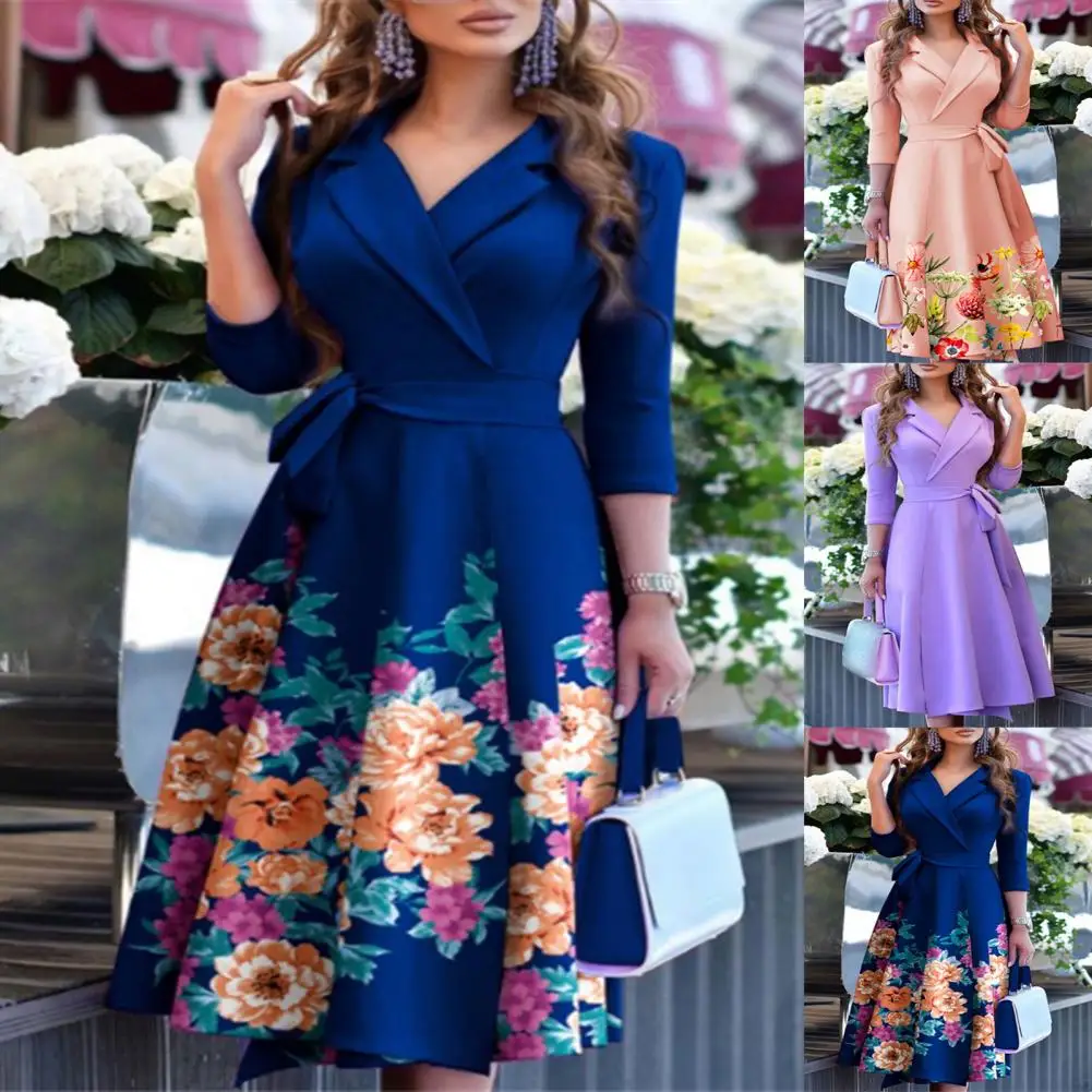 Great Floral Print Spring Dress Three Quarter Sleeve Autumn Dress Great Stitching Large Hem Spring Dress for Shopping