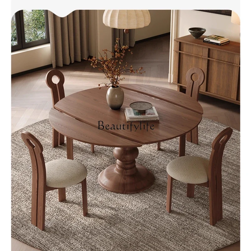 LJYAll Solid Wood Round Telescopic Dining Table Household Small Apartment Folding Dining Table White Wax Wood