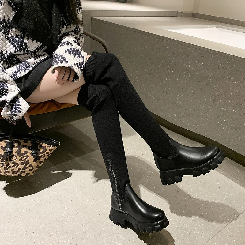 Women Thigh High Boots Stretch Sock Modern Zipper Winter Ladies Over-the-Knee Boots Long Platform PU Leather Breathable Shoes