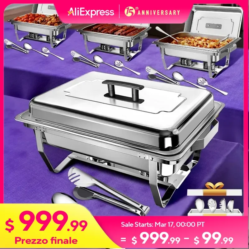 

4 Pack Stainless Steel Chafing Dishes Buffet Set with Serving Utensils Sets by Teivio,9 QT Rectangular Chafer Complete Set