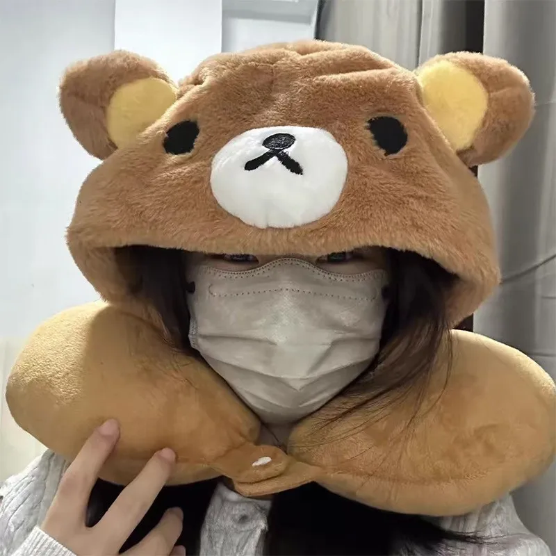 

Милая плюшевая игрушка Rilakkuma, кукла для путешествий, U-образная подушка для шеи с капюшоном, мягкая подушка для поддержки шеи для самолетов/автомобилей/офиса, подушка для сна