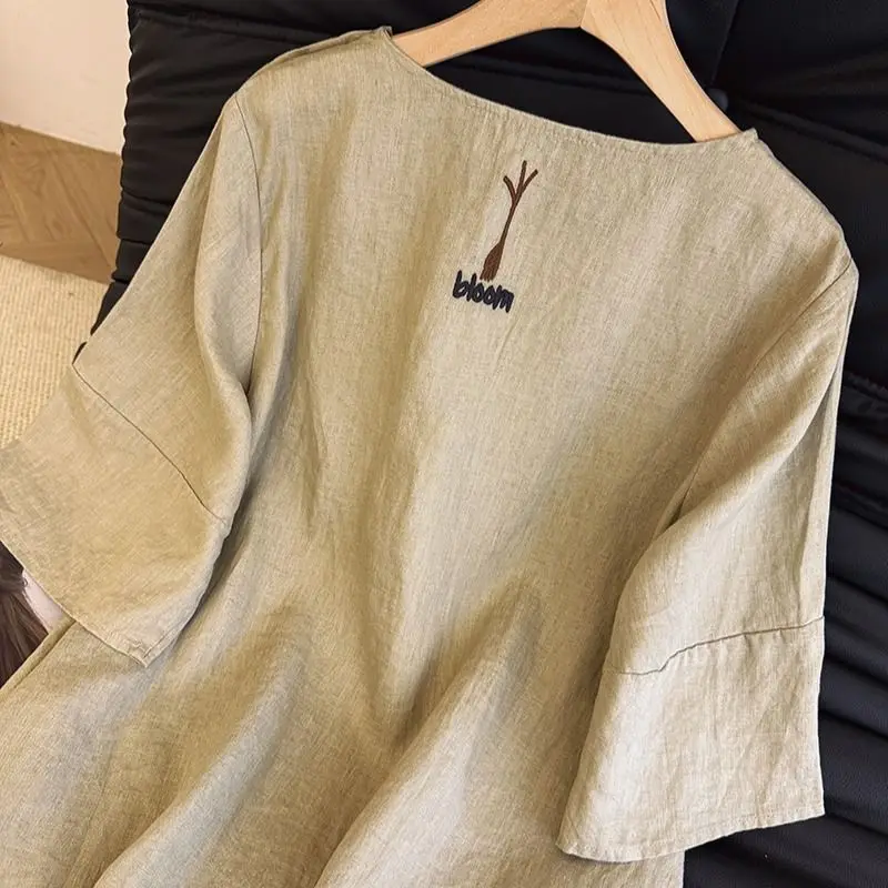 Vestido retrô de linho bordado com manga de cinco quartos estilo chinês solto simples gola redonda pulôver vestidos de camiseta