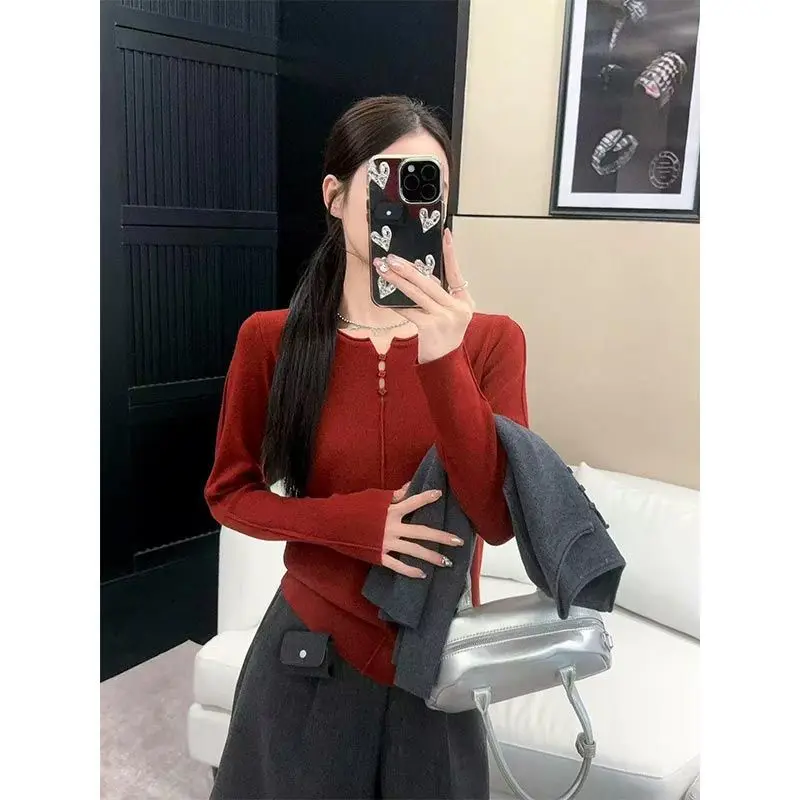 Women American Style Hollow Knit Top Slim Inner Wear Long Sleeve Fashion Base Layer For Autumn And Winter