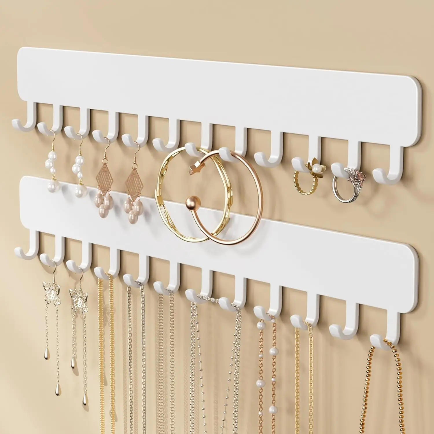 Jewelry Organizer Wall Mounted, Self-Adhesive Necklace Holder with 12 Hooks for Necklaces, Bracelets, Earrings & Rings, No Drill Hanging Jewelry Rack for Women, Bedroom & Bathroom