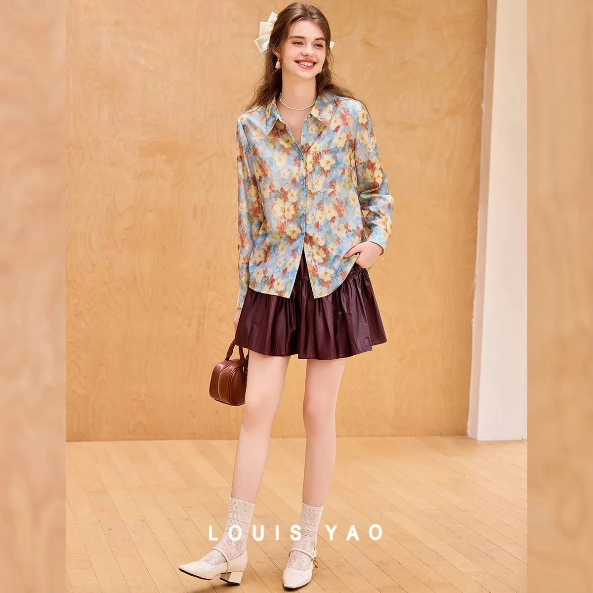 

LOUIS YAO Retro Printed Pattern Long-Sleeve Shirt Blouses 2025 Autumn Loose-Fit Collared Women's Shirt Versatile Women Top