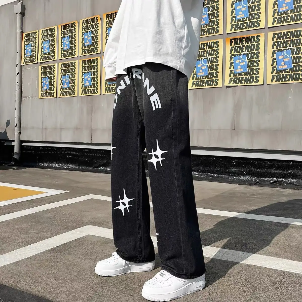 

Jeans With Print Star Vintage Men Trendyol Denim Trousers Baggy Black Y2k Jean Hip Hop FASHION Streetwear Man Pants Men's