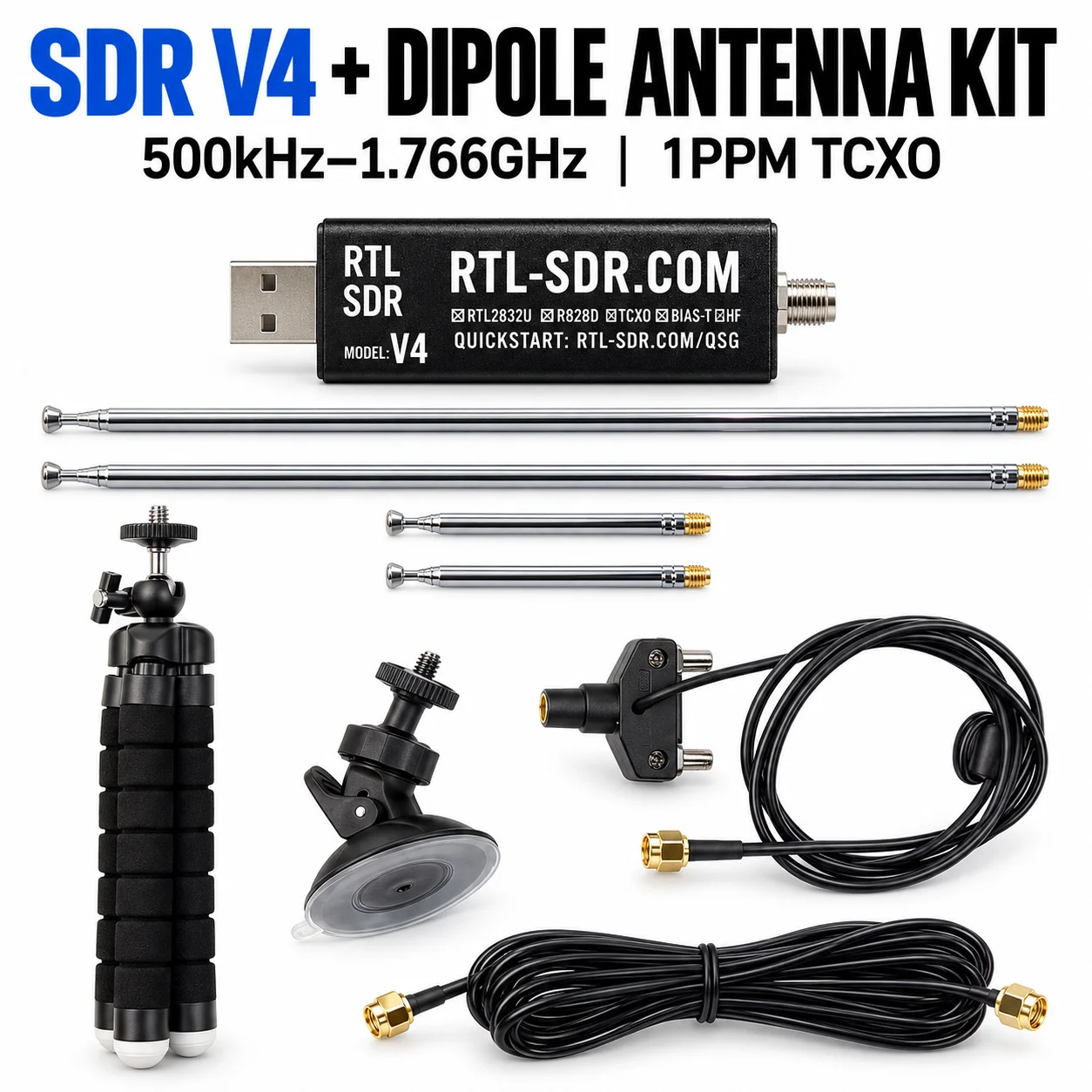 SDR V4 Software Defined Radio Receiver Kit 500kHz-1.766GHz RTL2832U R828D 1PPM TCXO with Adjustable Dipole Antenna
