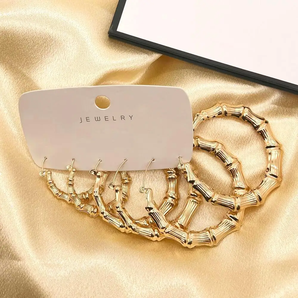 3 Pairs Gold & Silver Plated Bamboo Hoop Earrings, Chunky Circle Earring Set view 4