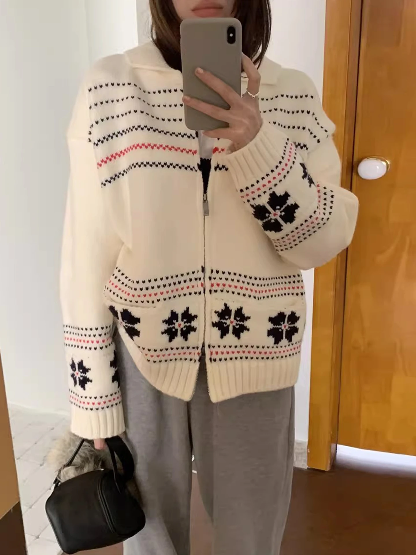 Retro anti-envelhecimento duplo zíper fair isle camisola de malha jaet feminino outono inverno turn-down colarinho ket aberto cardigan topo