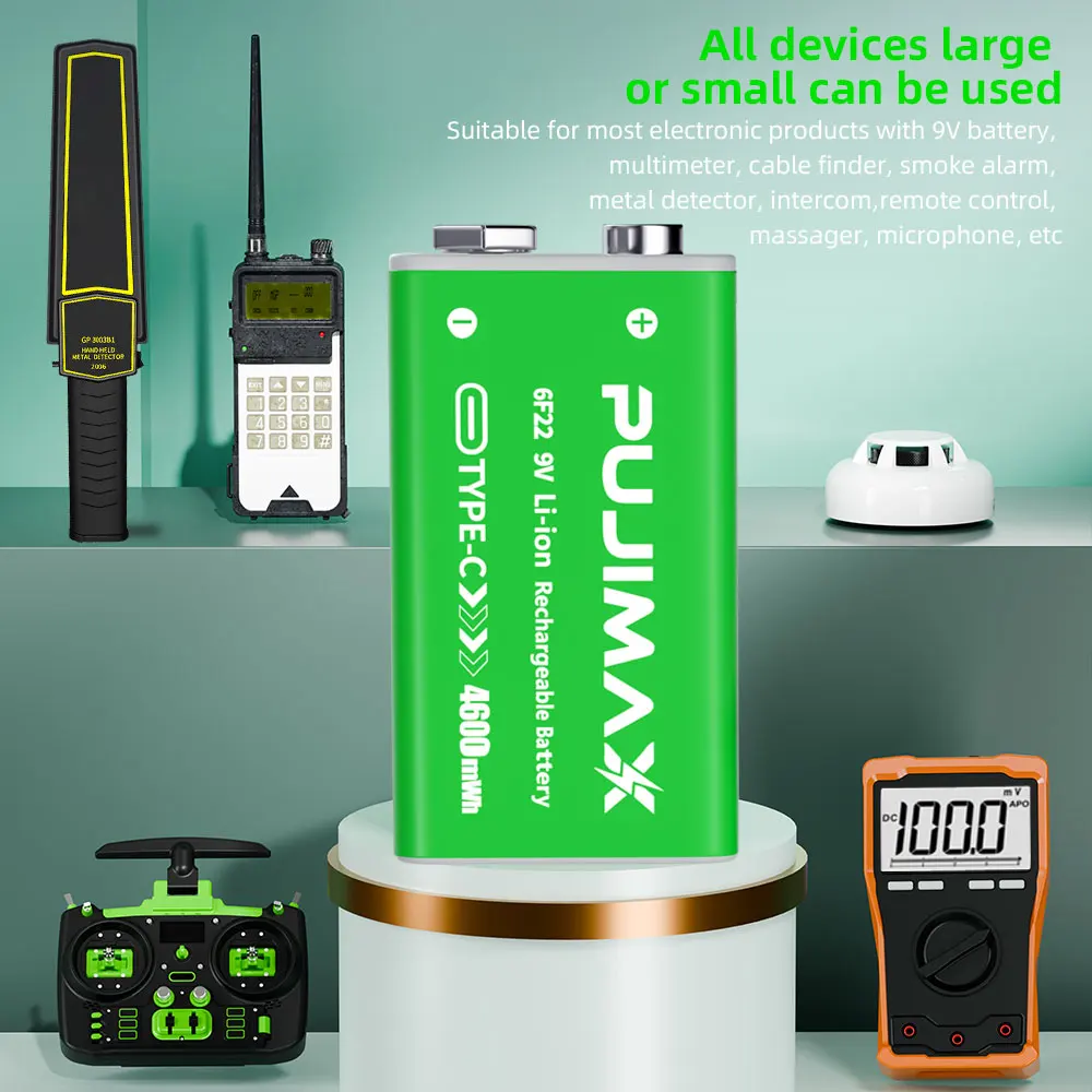 PUJIMAX USB 9V Rechargeable Battery 4600mWh Type-C Rechargeable 6F22 9V Li-ion Battery for RC Helicopeter Model Multimeter Toy