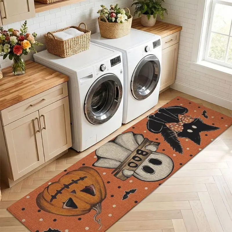 VIKAMA Orange Polka Dot BOO Ghost Rug, Cute Halloween Non-Slip Carpet, Aesthetic Bedroom Kitchen Fall Holiday Decor - view 4