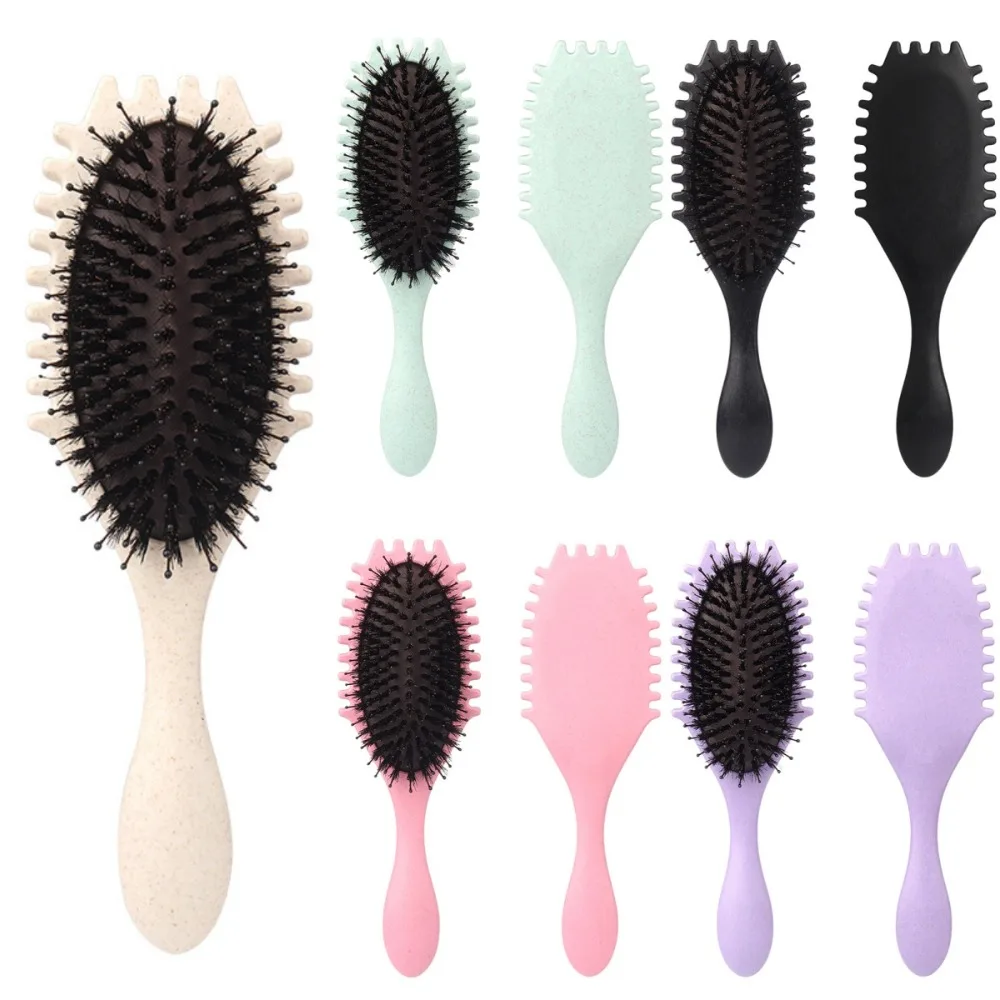 Boar Bristle Curl Define Styling Brush Scalp Massager Professional Detangling Hair Brush Straightening Anti-slip