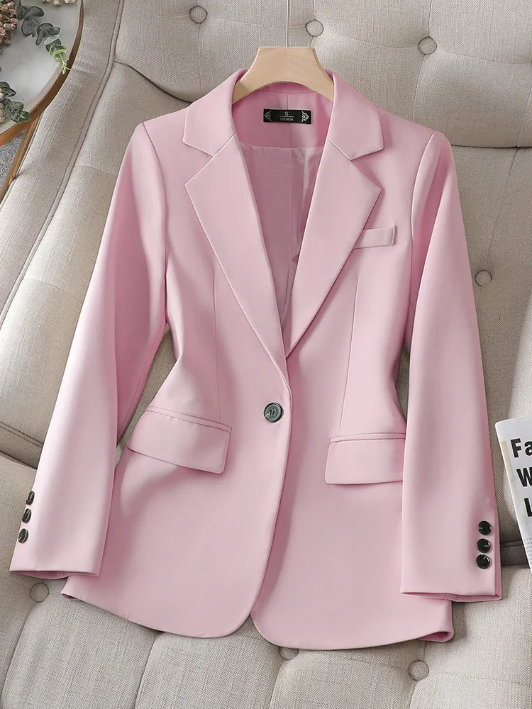 White Women Suit Blazer Black Pink Apricot Single Button Long Sleeve Female Straight Jacket Coat Autumn Lady Work Wear Clothes