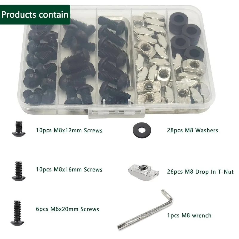 80Pcs/Box M8 T Nut Screw Kit,26Pcs Black M8x12/16/20mm Hex Socket Screws+26Pcs M8 Drop‑in T‑Nuts+28 Washers With Hex Wrench