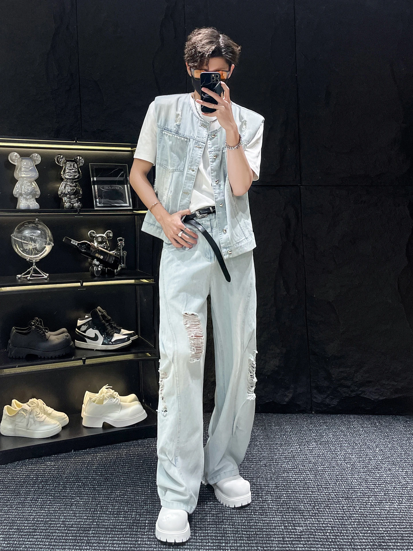 

HOMME American Street Sle oulder Padded Svel Denim Jaet Мужской комплект жилета Свободного покроя Молодежная трендовая повседневная одежда Four S...