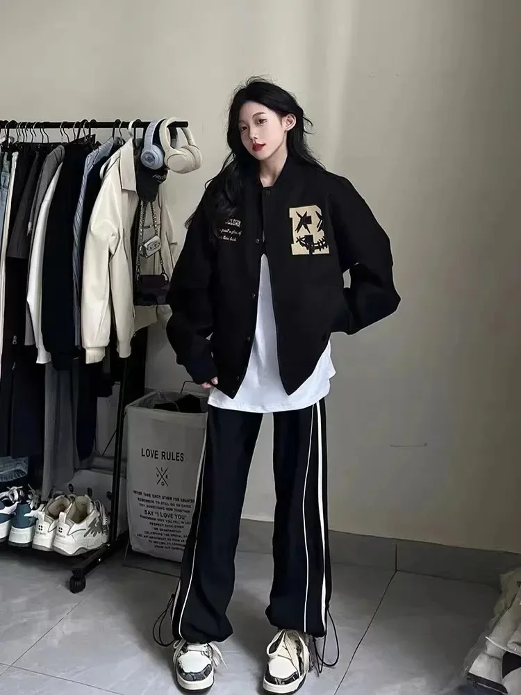 Women 2025 Autumn Black Retro Letter Print Baseball Jacket Loose Versatile Sport Top Long Sleeve Trend Casual Jacket Clothing