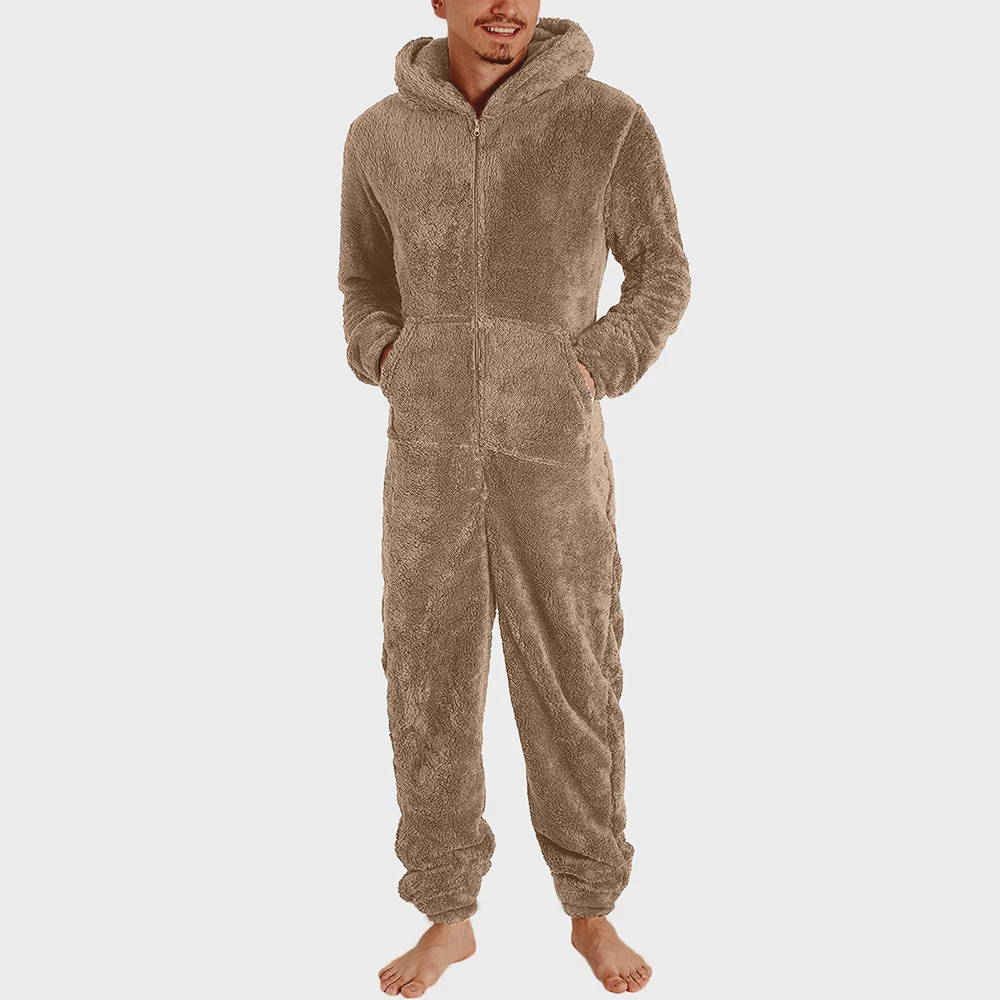 Men New Warm Hooded Pajamas Winter Adult Casual Jumpsuits Couple Zipper Warm Fleece Slim Sleepwear One-Piece Sleep Lounge Pajama