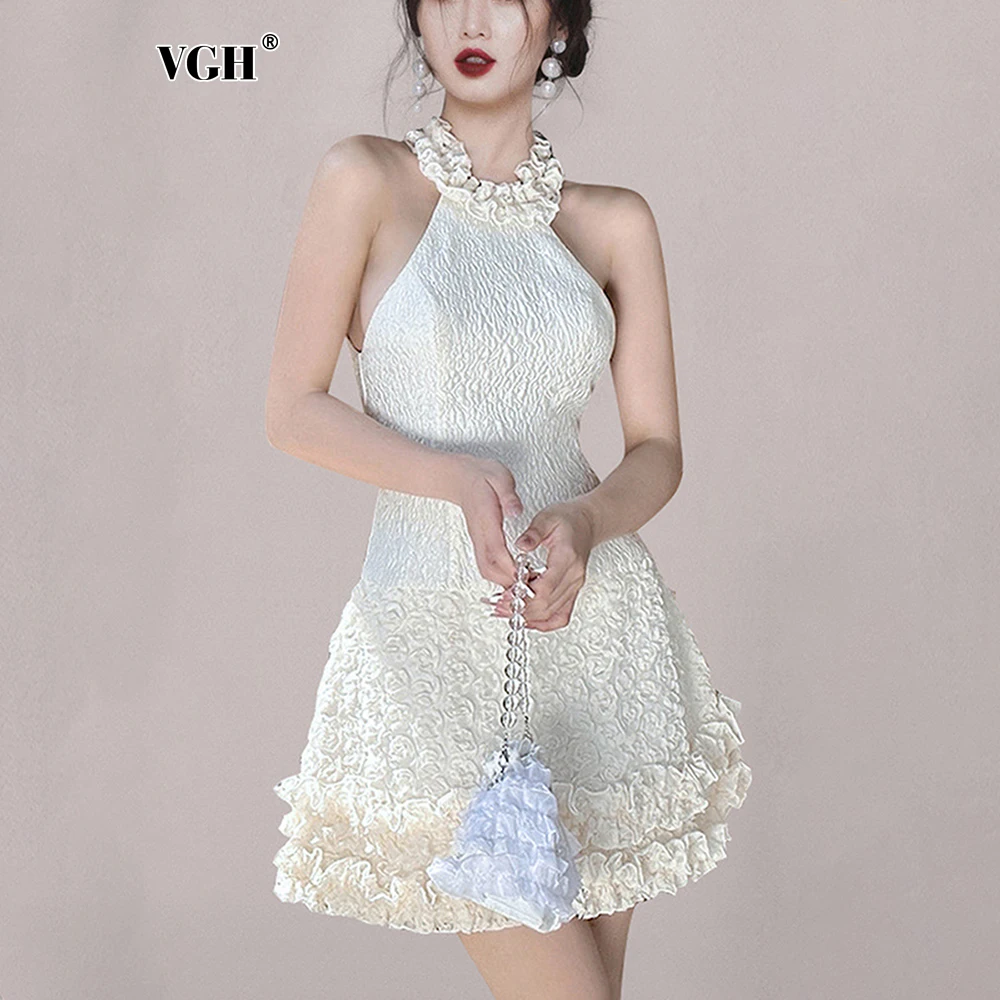 

VGH French Folds 3d Flowers Short Dresses For Women Halter Sleeveless Backless High Waist Elegant Slim Mini Dress Female Fashion