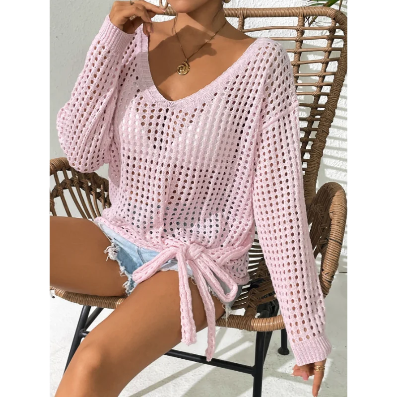 

Women's V-neck Top Hollow Sunscreen Shirt Band with Bow Long Sleeve Pullover Knit Loose Sweater