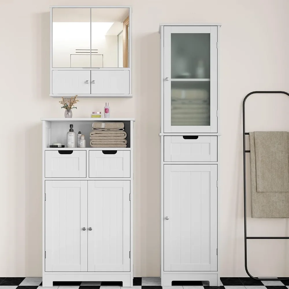 Bathroom Cabinet, Storage Cabinet with 2 Doors & 1 Drawer, Floor Freestanding Cabinet with Adjustable Shelves