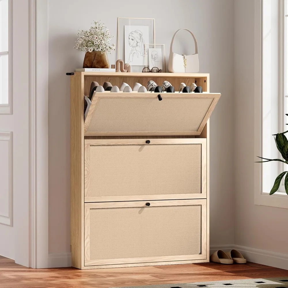 

Narrow Shoe Storage Cabinet for Entryway with 3 Flip Drawers, Freestanding Slim Shoe Cabinet with Linen Panel, Wood Shoe