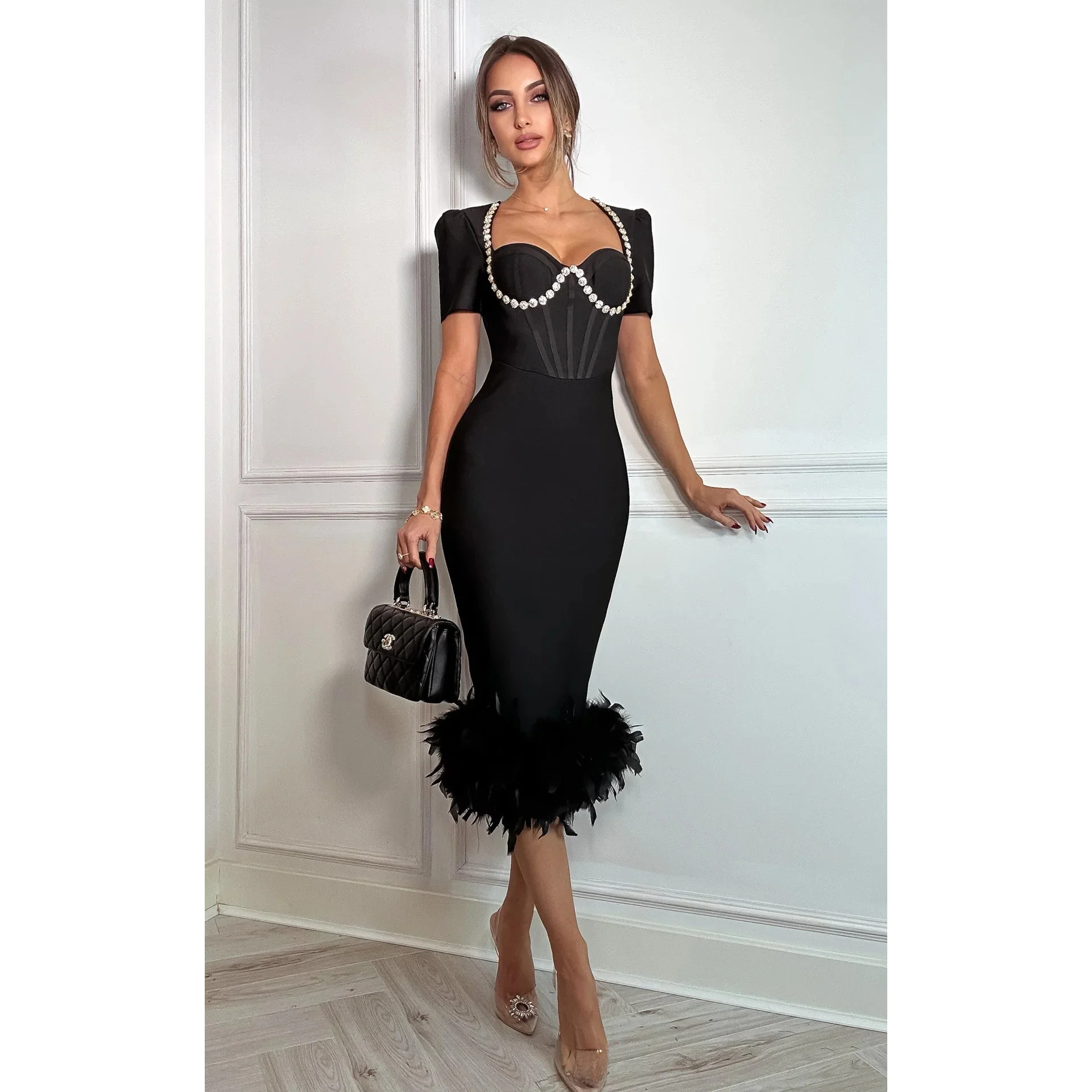 

Elegant Black Short Sleeve Embellished Feather Bandage Dress Slim Fit Party Dress Elastic Waist Knitted Fabric Evening Gown