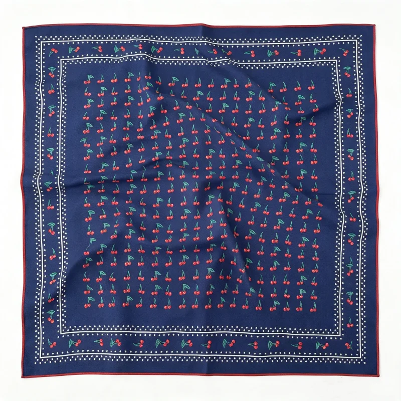 30% MULBERRY SILK 70% WOOL Square Scarf Navy Allover Cherry Print Bandana Retro American Style Neck Scarf Head Wrap Accessory