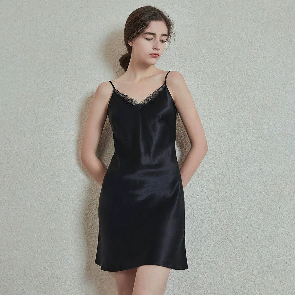 

Classic silk slip dress with sexy lace back - 100% mulberry silk pajamas, women's loungewear for summer