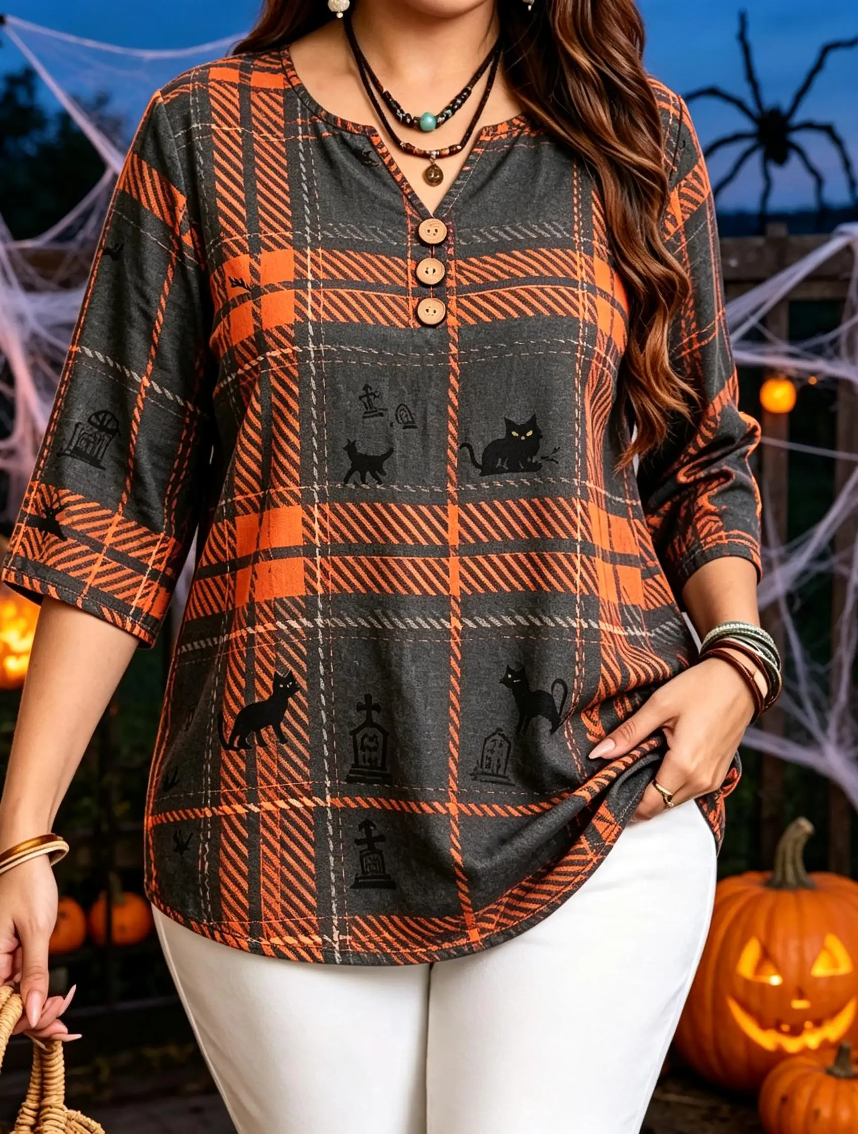 Halloween Plaid Print Blouses Ghost Maple Black Cat Pattern Notch Split V Neck 3 Buttons 3/4 Sleeve Plus Size Fall Tops