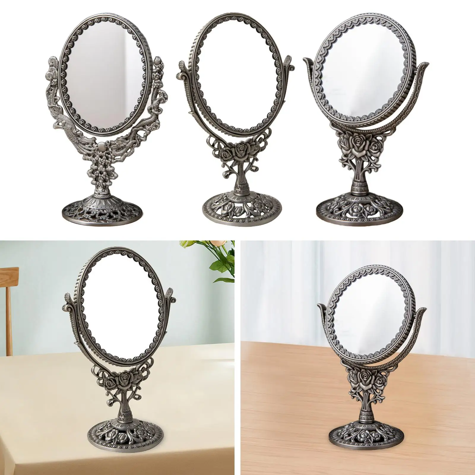 Swivel Vanity Mirror Nordic Style Rotatable Stable Embossed Frame Dressing Table Mirror Oval Dressing Mirror for Countertop