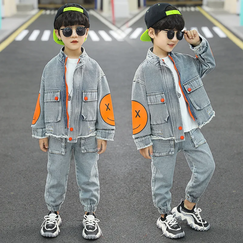 Children\'s Denim Suit 5-12 Years Old Boy Spring And Autumn Cartoon 2-Piece Set Of Smiley Pattern Jacket + Trousers