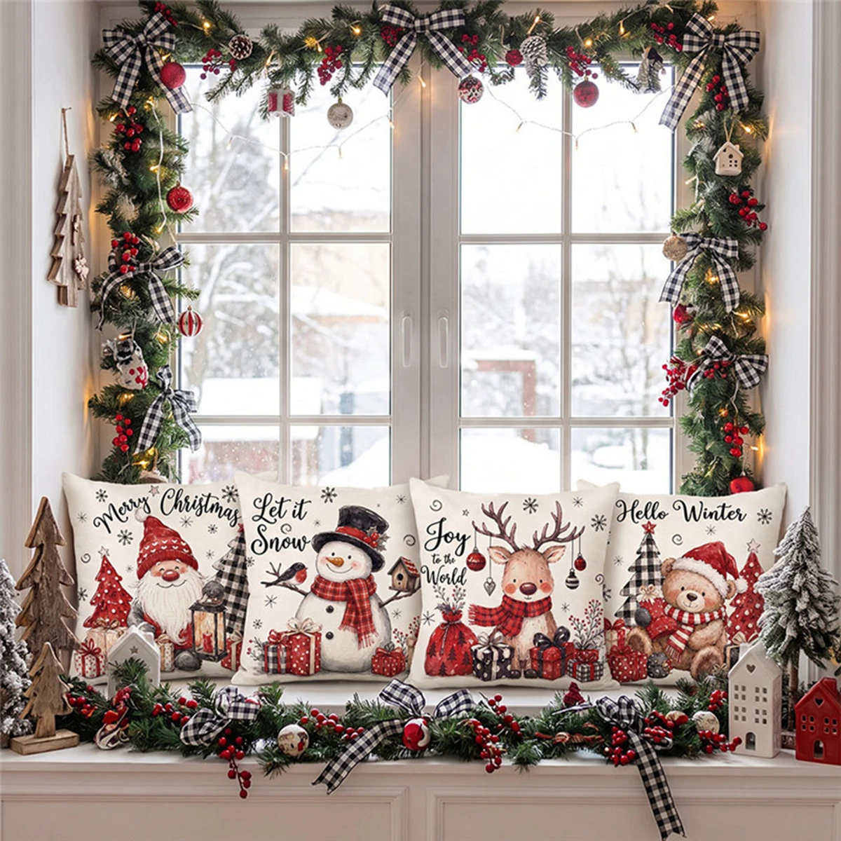Christmas Pillow Cover Cute Gnome Snowman Reindeer Bear Cushion Case Xmas Home Sofa Decor Winter Holiday Gift Plaid Tree New