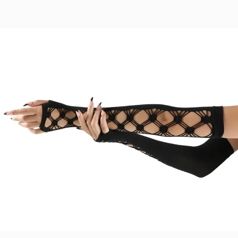 女性肘長パンク手袋弾性指なし手袋タッチスクリーンミトンカットアウトクロスメッシュ手袋コスプレパーティー衣装
