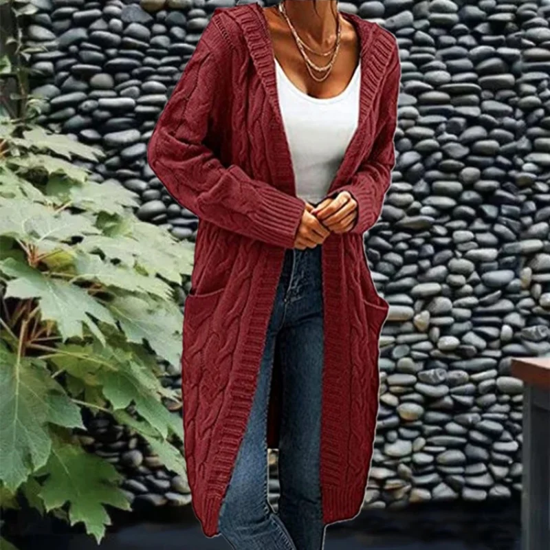 Outono inverno feminino cardigan longo camisola casacos com bolsos de malha frente aberta com capuz camisola cardigans cabo malha suéteres