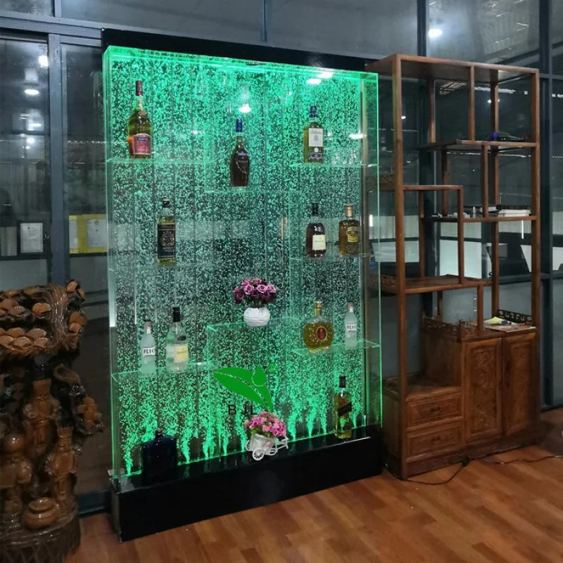 Customized-home led acrylic water dancing bubble wall aquarium wine bar cabinet