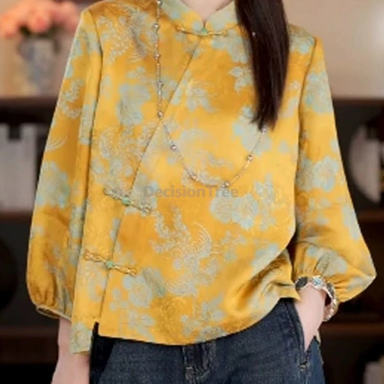 

2025 new chinese style improved diagonal buckle qipao top song brocade printing women's trendy blouse elegant casual daily top