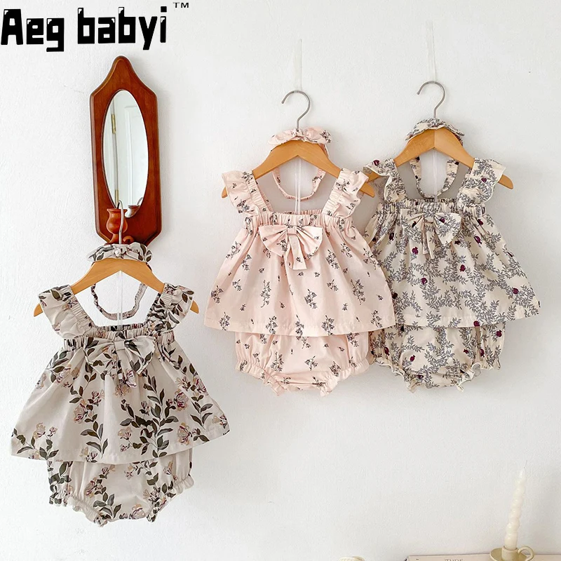 

Summer New Baby Clothing Set Sleeveless Floral Lace Collar Tops And Bloomer 2 PCS Girls Suit Toddler Tee Set 0-24M