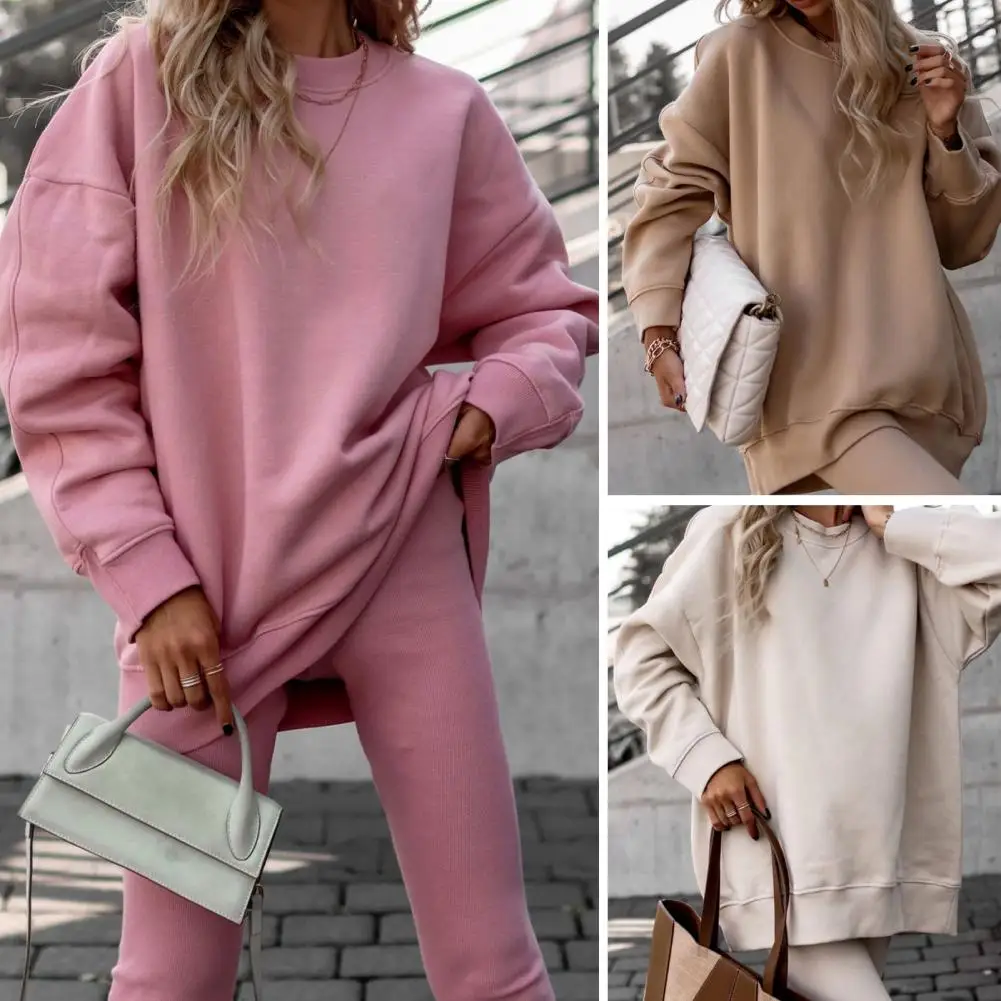 

2 Pcs/Set Autumn Sweatshirt Pants Set Elastic Waist Long Sleeves Crew Neck Solid Color Loose Pull Thick Winter Blouse Pants Set