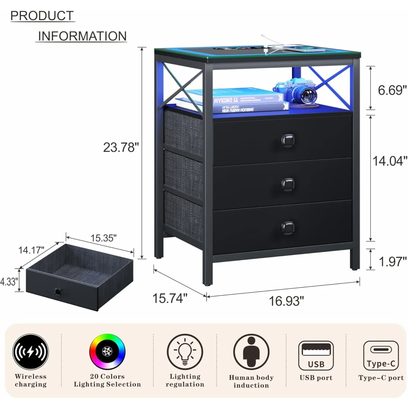 US End Table with Charging Station,Glass Top Night Stand with LED Lights,Nightstand with 3 Drawers for Bedroom,Morden Sidell