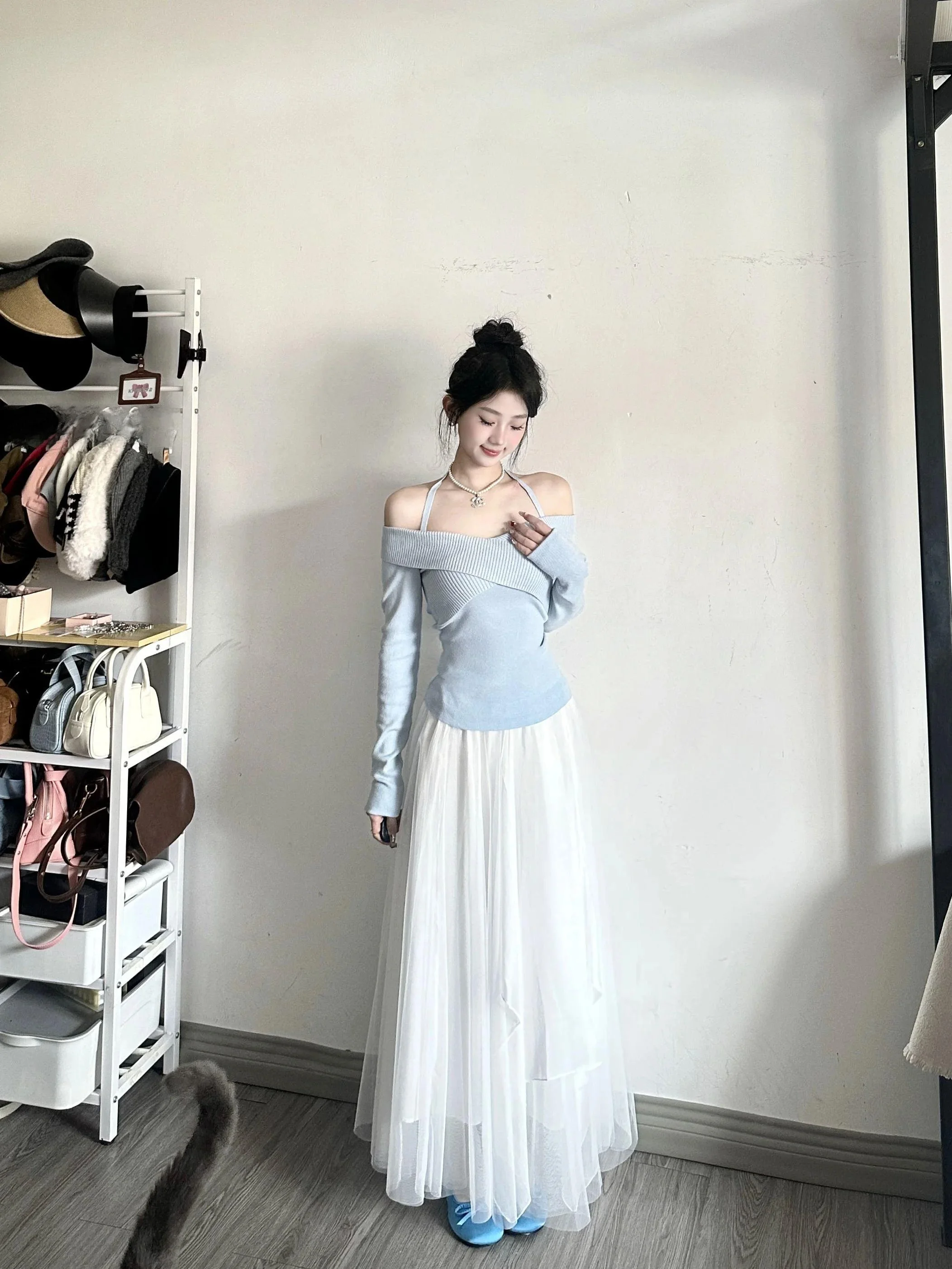 

Korean Sle One-oulder Neline Knitted Sweater Women's Inner Wear Spring Gentle Wind Base Top Skeleton Faion